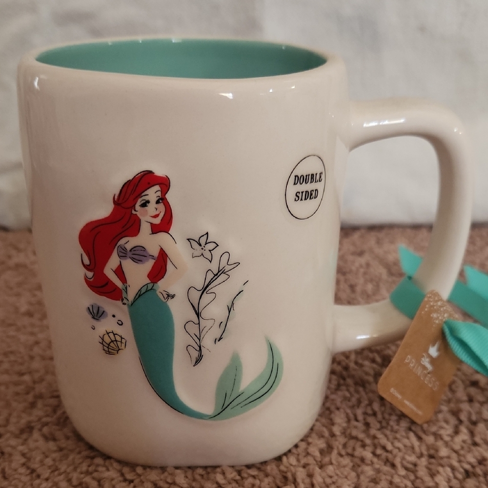 Rae Dunn Cream Ceramic Mug with Teal Interior and Red Artwork